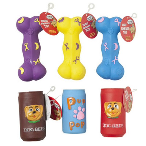 DOG TOY VINYL W/SQUEAKER 2 STYLE ASSORTMENT ON CHAIN -CAN & BONE HANG TAG #S20036/S20044
