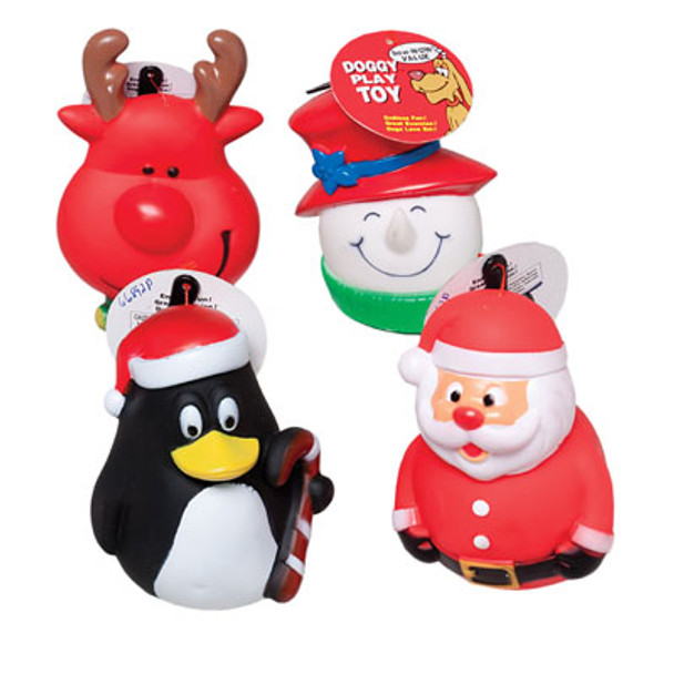 DOG TOY CHRISTMAS VINYL 4 ASST DEER/SNOWMN/SANTA/PENGUIN IN PDQ HANG TAG #S66001