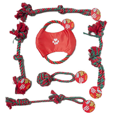 DOG TOY CHRISTMAS ROPE CHEWS 5 ASSORTED ROPES & 1 DISC RED/GREEN HANG TAG COUNTER DISPLAY