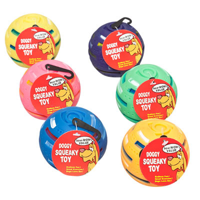 DOG TOY VINYL SOLAR BALL WITH SQUEAKER 6 COLORS IN PDQ #14041E