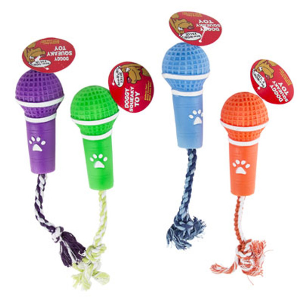 DOG TOY VINYL MICROPHONE W/ROPE AND SQUEAKER 4 ASST COLORS #S20383