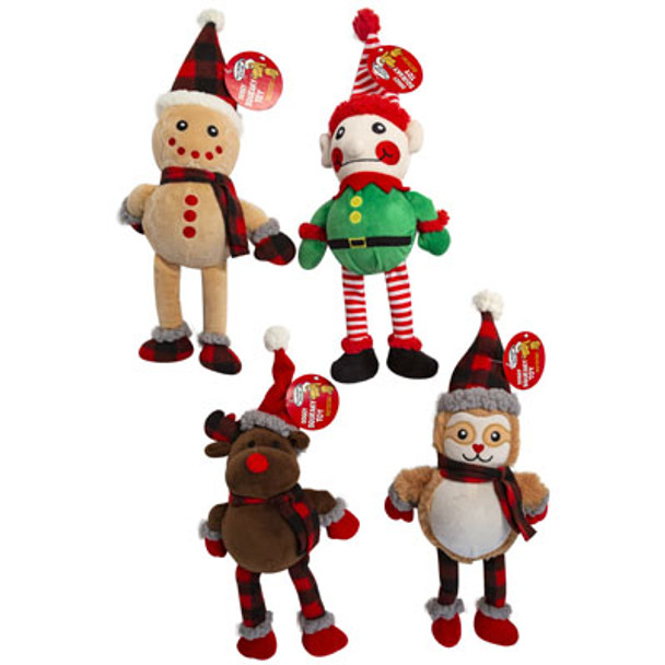 DOG TOY CHRISTMAS PLUSH 15IN GINGERBREAD/REINDEER/ELF/OWL 4 ASSORTED #P32110 COUNTER DISPLAY