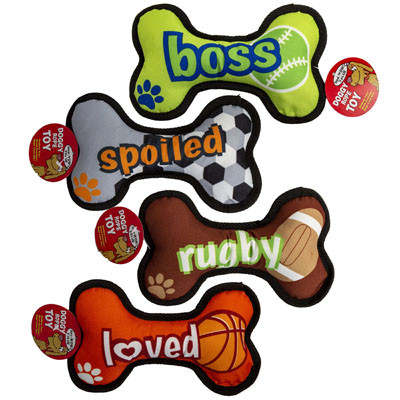 DOG TOY CANVAS BONE 7.5 INCH 4 ASST RUGBY/LOVED/BOSS/SPOILED IN PDQ #P32115