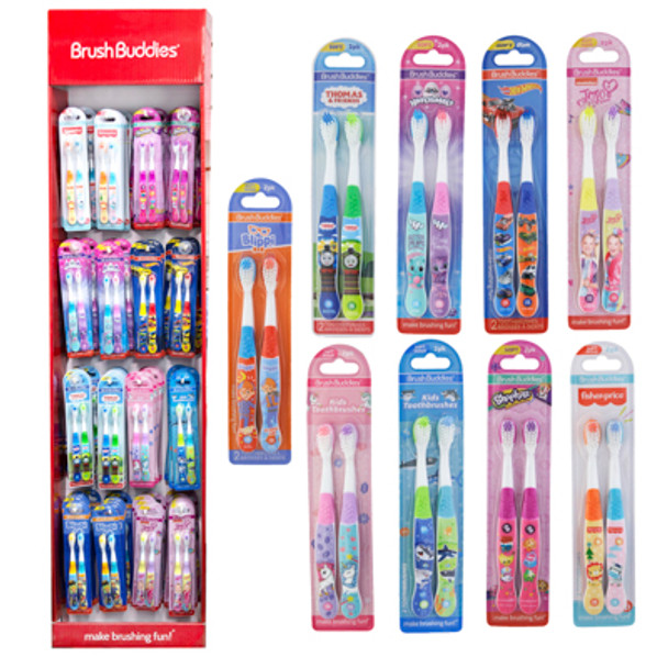 TOOTHBRUSH KIDS 96PC 9 ASSORTED 2PK POWER PANEL