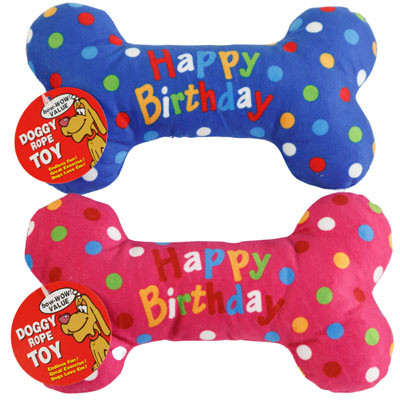 DOG TOY BIRTHDAY PLUSH BONE 9 INCH 2 COLORS HANG TAG IN PDQ PINK, BLUE #P31553
