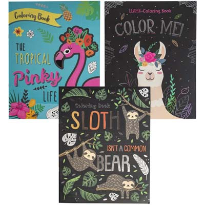 COLORING BOOK SLOTH, FLAMINGO & LLAMA 32-PG 3 ASSORTED FOIL COVER COUNTER DISPLAY