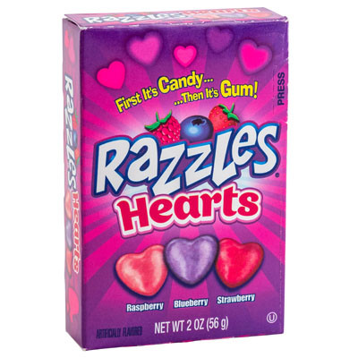 VALENTINE CANDY RAZZLES HEARTS 2 OZ BOX PDQ
