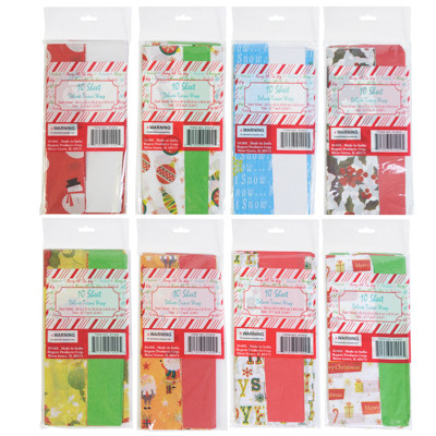 TISSUE PAPER 10 SHEET 2 STEP SHORTFOLD 6 XMAS PRINTS W/COORD SOLIDS