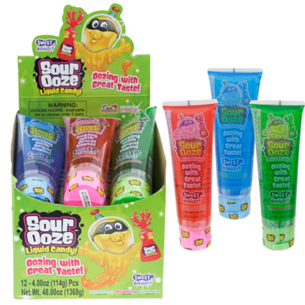 CANDY SOUR OOZE 12CT 4OZ TUBE 3 ASSORTED FLAVORS WATERMELON, STRAWBERRY & BLUE RASPBERRY COUNTER DISPLAY