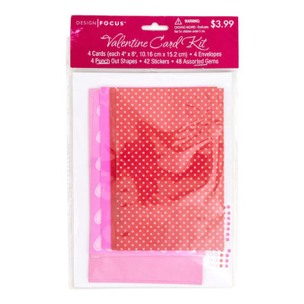 VALENTINE CARD KIT DIY 4 CARDS/ENVELOPES W/SHAPES/ STICKERS AND GEMS