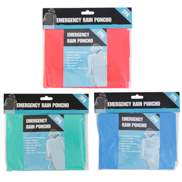 RAIN PONCHO EMERGENCY 12PC 2PK 3 ASSORTED COLORS PBSLV 50X40IN ON MERCH STRIP