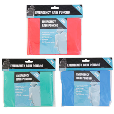 RAIN PONCHO EMERGENCY 12PC 2PK 3 ASSORTED COLORS PBSLV 50X40IN ON MERCH STRIP