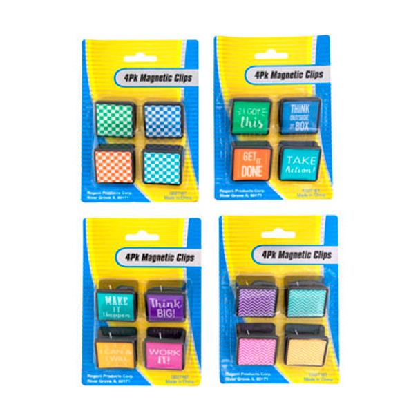 CLIPS MULTI-PURPOSE MAGNETIC SQ 1.3IN 4PK MOTIVATIONAL 4AST 2-MOTIVATIONAL/2-PRINTS STAT BLC