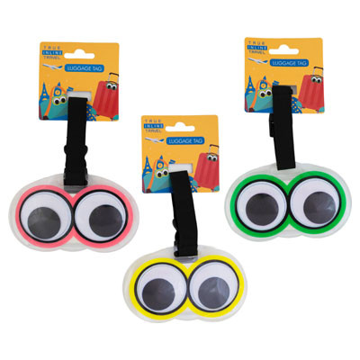 LUGGAGE TAG 12PC 3 ASSORTED GOOGLE EYE W/BUCKLE HEADER/PBSLV ON MERCH STRIP