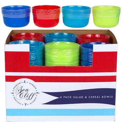 SALAD/CEREAL BOWL 16OZ 4.75IN DIA 4PK PLASTIC 4AST SUMMER CLR 48PC PDQ /UPC LABEL