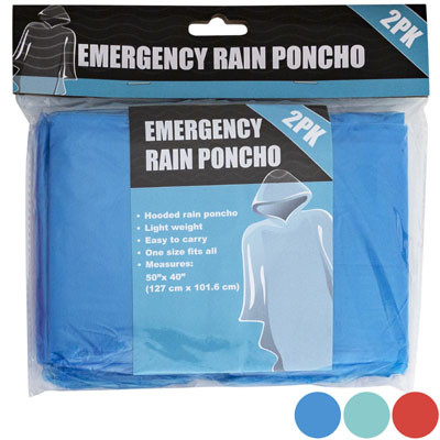 RAIN PONCHO EMERGENCY 2PK 3ASST COLORS 50 X 40 IN 12PC MDSG STRIP PBH