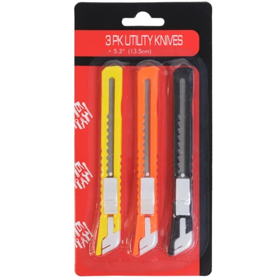 UTILITY KNIFE 3PK W/SNAP OFF BLADE 5.3IN 3 COLORS PER PACK HARDWARE BLISTER CARD