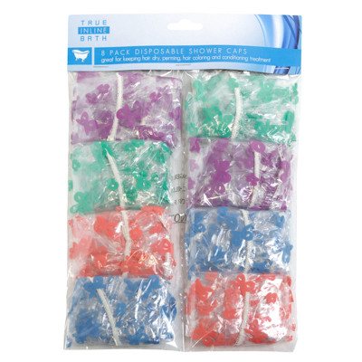 SHOWER CAP 8PK DISPOSABLE PRINTED 4ASST COLOR/HBA PBH NEW COLORS/PRINT
