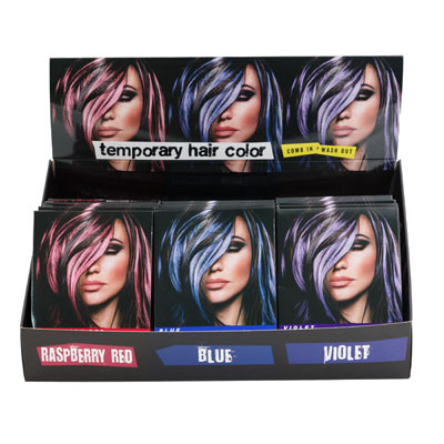HAIR COLOR TEMPORARY 36-PC 3-ASSORTED COLORS RASPBERRY RED, VIOLET & BLUE 0.5-OZ W/COMB COLOR BOX COUNTER DISPLAY