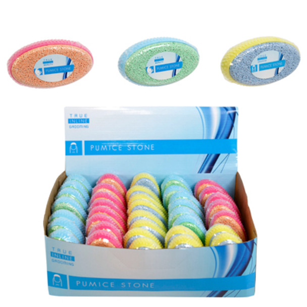 PUMICE STONE 3AST CLRS W/GRIP 70G 36PC PDQ SHRNK/LABEL 3.8 X 2.2 X 2.1IN EA