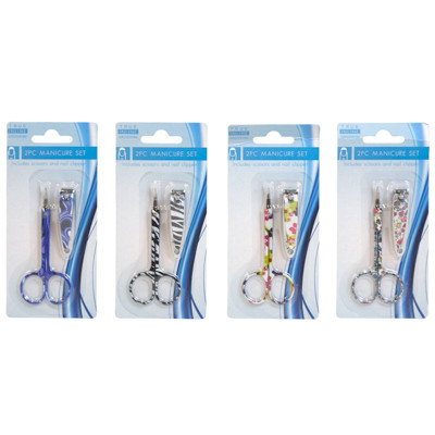 MANICURE SET 2PC NAIL CLIPPER &CUTICLE SCISSORS 4AST PRINTS HBA BLC