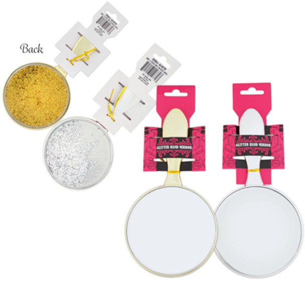 HAND MIRROR W/QUICK SAND GLITTER GOLD/SILVER 4.25 IN FACE X 8.4 IN H TCD