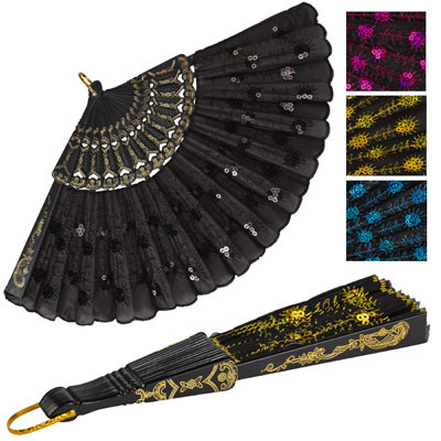HAND FAN FOLDING FABRIC 9IN 5AST COLORS W/SEQUINS HDR CARD