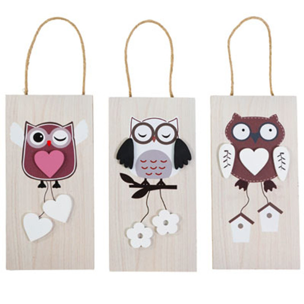 WALL PLAQUE OWL 3AST MDF W/3D MDF ICONS 3.94 X 7.87INUPC/MDF COMPLY LABEL