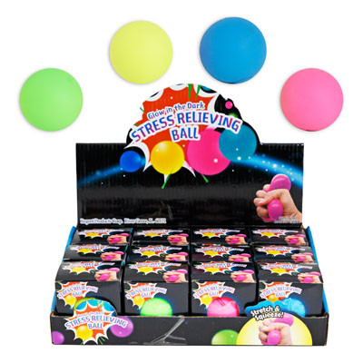 BALL STRESS RELIEF GLOW IN DARK 2.5IN 4ASST COLOR BOX 12PC PDQ