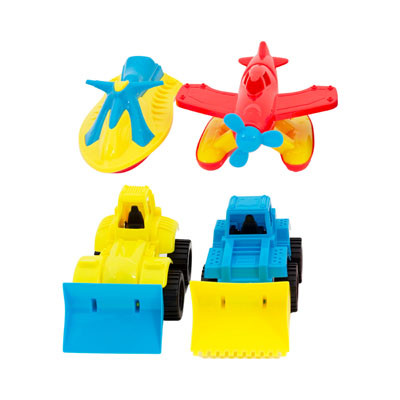 SAND VEHICLE TOYS PLASTIC 4AST 2 TRUCKS/PONTOON PLANE/JETSKI 6.625-7.5IN HANGTAG