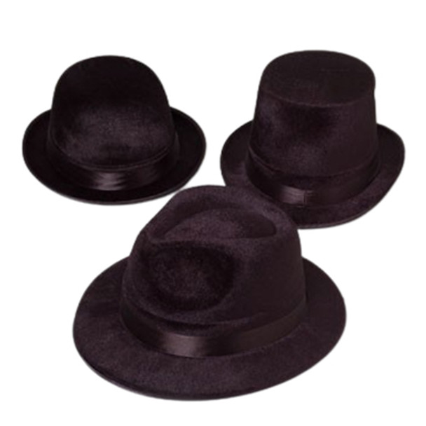 HAT BLACK FLOCKED 3AST GANGSTER/CLOWN/TOPHAT W/SATIN RIBBON HT HAT BLACK FLOCKED 3AST GANGSTER/CLOWN/TOPHAT W/SATIN RIBBON HT