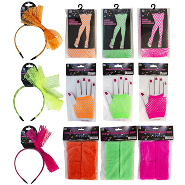 COSTUME PARTY NEON 80S/12ASST BOW HEADBAND/SWEATBAND/FISHNET GLOVES AND STOCKINGS EA IN 3 COLORS ADULT SIZE