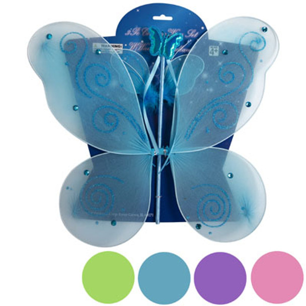WING SET 3PC W/WAND & HEADBAND 4AST COLORS KIDS SIZE TCD GREEN/PINK/BLUE/PURPLE