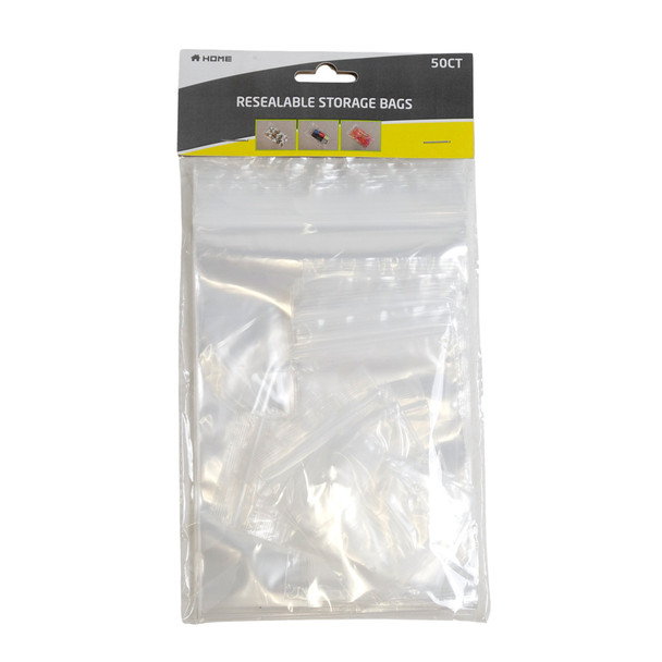 STORAGE BAGS RESEALABLE 50CT 3AST SIZES PER PK 7.75/5.25/3INPE HOME POLYBAG HEADER