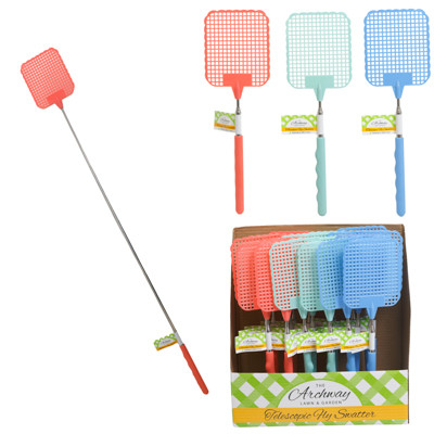 FLY SWATTER EXTENDABLE 10 TO 28IN 3ASST COLORS IN 24PC PDQ/WRAP LABEL