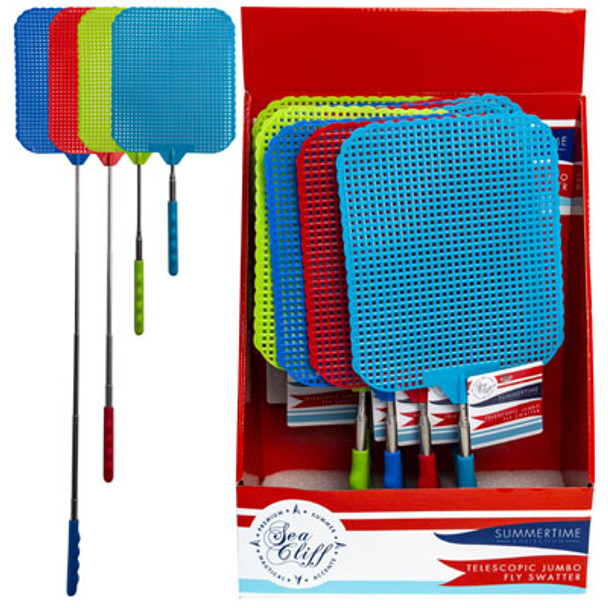 FLY SWATTER JUMBO TELESCOPIC EXTENDS TO 30IN/4AST CLR 12PC PDQ HEAD 6.25X7.5IN WRAP LABEL