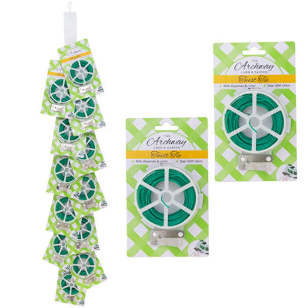 TWIST TIE 100FT W/DISPENSER/ CUTTER GREEN 12PC MDSG STRIP L&G