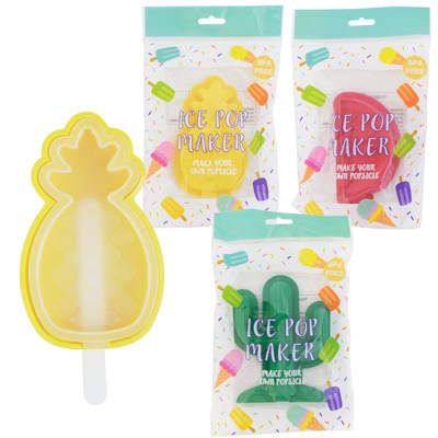 ICE POP MAKER 3AST MOLDS W/STICK5-5.5IN PRINTED OPP BAG WATERMELON/CACTUS/PINEAPPLE