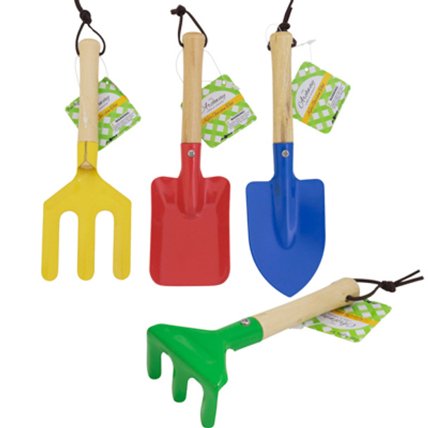 GARDEN TOOLS KIDS IRON 4ASST W/WOOD HANDLE L&G HT FORK/RAKE/SPADE/SHOVEL