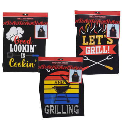 BBQ CHEF PRINT APRON 3AST BLACK 27.5IN/BBQ HDR