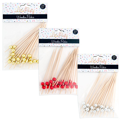 APPETIZER PICKS 24CT BAMBOO 4.72INL 3AST CLRS METALLIC BALL/12PC MDSGSTRIP GOLD/RED/SILV PARTY PBH