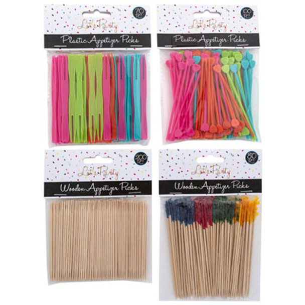 PARTY PICK 12PC ASSTORTMENT 4 STYLES PLASTIC & WOOD PBH70/80/100/200 PCS ON MERCH STRIP