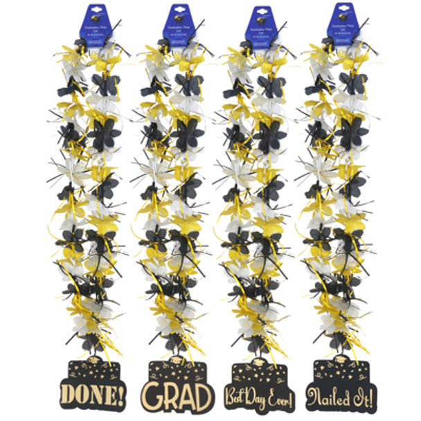 GRADUATION PARTY TINSEL LEI BLACK/ GOLD W/ 4 ASST PAPER PENDANTS GRAD BARBELL CARD