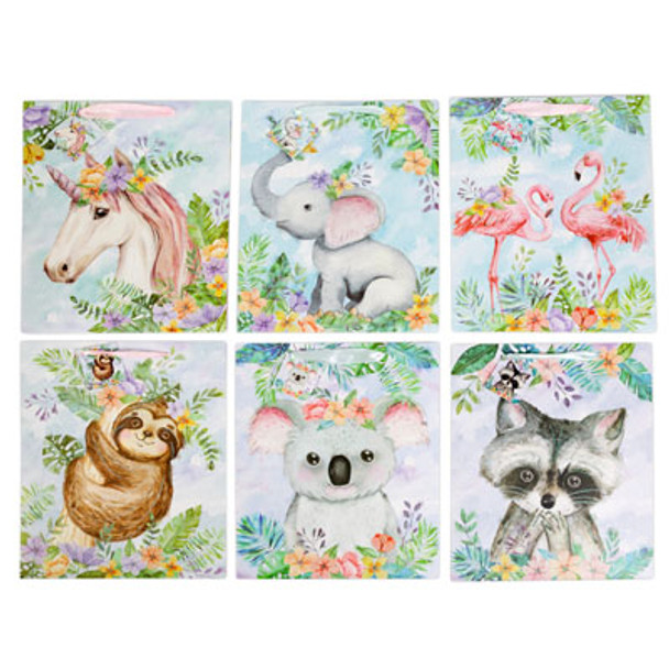 GIFT BAG LARGE 6AST CUTE ANIMAL GLITTER FRONT/SATIN HANDLE 10.4 X 4.72 X 12.6/UPC LABEL