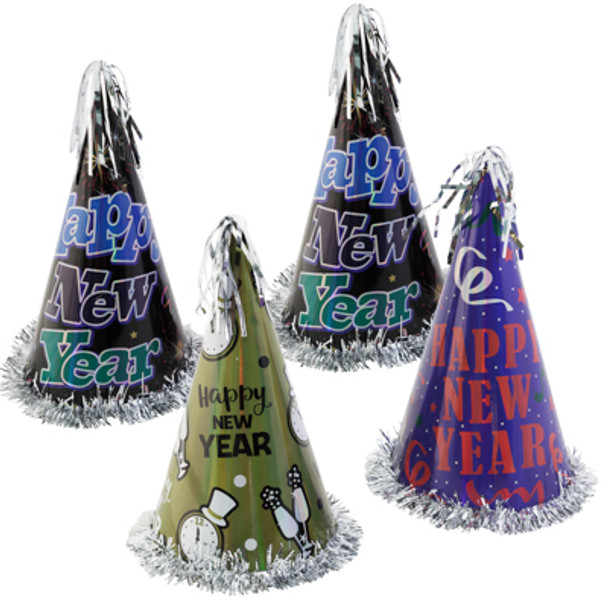 PARTY HAT NEW YEAR 12.5IN 4AST PAPER/FOIL CONE W/SILVER TINSEL TRIM INSIDE ADULT USE/UPC LABEL
