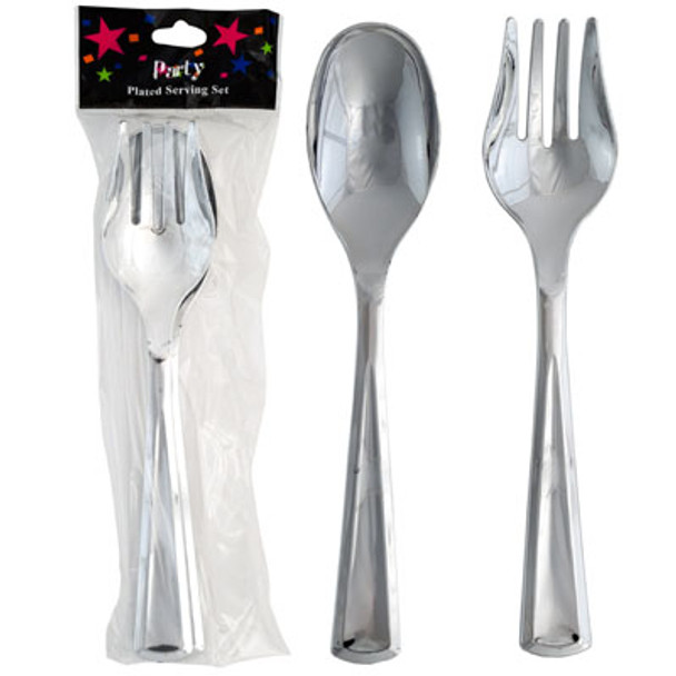 SERVING SPOON/FORK SET SILVER PLATED PLASTIC IN PARTY/PB