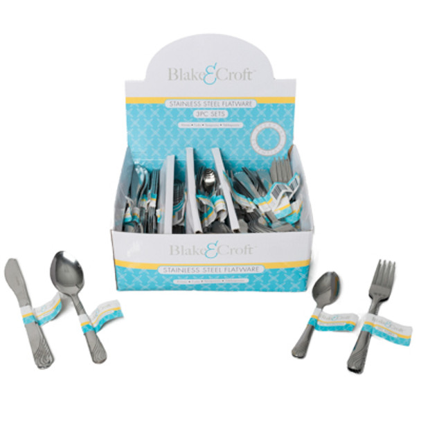 FLATWARE STAINLESS 108 SETS 3PK ASSORTED KNIFE/FORK/TBS/TSP B&C EZPEEL LABEL COUNTER DISPLAY