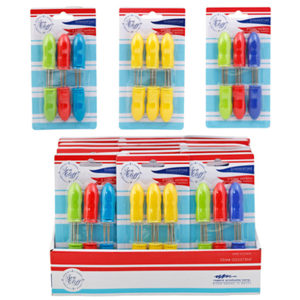 CORN SKEWERS 6PK SOFT GRIP HANDLE 3 ASSORTED 24PC SUMMER BLC COUNTER DISPLAY