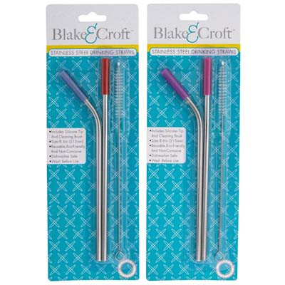 STRAW STAINLESS STEEL W/SILICONE TIP 2PK W/CLEANING BRUSH 2ASTCOLOR COMBOS BLC