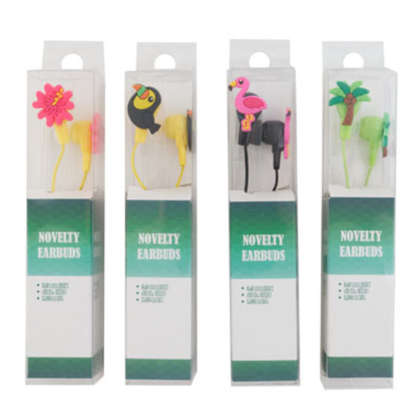 EARBUDS NOVELTY TROPICAL 4AST 3.5MM JACK PVC BOX/INSERT PALM TREE/FLAMINGO/TOUCAN/FLOWER